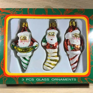 Vintage Kurt Adler Glass Christmas Tree Ornaments - 3 Santa&#39;s in Stockings