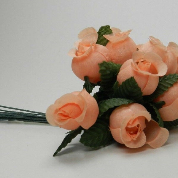 Miniature Coral Artificial Silk Rose Buds with Wires - Wedding, Floral, Dolls & Bear Making, Decorating, Crafts - 12