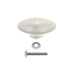 May include: White ceramic cabinet knob with a rounded oval shape. The knob comes with a silver screw and washer.