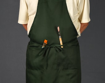 Adjustable Neck, Two Pocket Bib Apron with Long Ties - Available in Three Colors; Green, Khaki and Brown