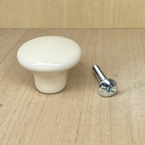 Vintage Beige, Round, Mushroom Shaped, Porcelain Drawer Knob, Brass Fitting for Screw, 1 1/4" wide x 7/8" Tall, Includes 1" Screw