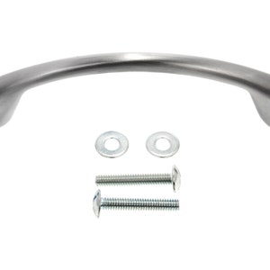 May include: A silver-toned cabinet pull with a curved design. It comes with two screws and two washers.