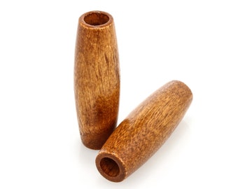 May include: Two brown wooden beads with a hole in the center. The beads are oval shaped and have a natural wood grain.