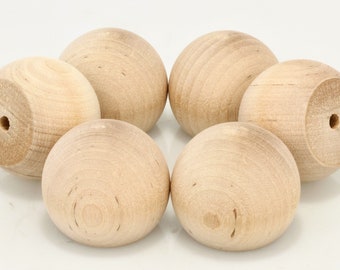 Unfinished Flat Bottomed Round Wood Balls with Screw Hole - Birch - Set of 6