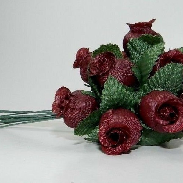 Miniature Dark Red Artificial Silk Rose Buds with Wires - Wedding, Floral, Dolls & Bear Making, Decorating, Crafts - 12