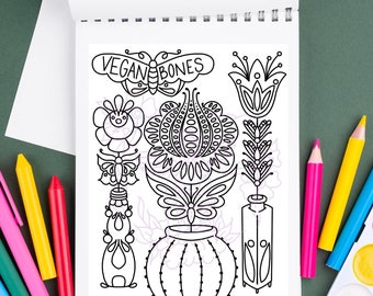 Floral Flash Print - 2 page digital download, digital art, traditional flash inspired, coloring page, gift for her