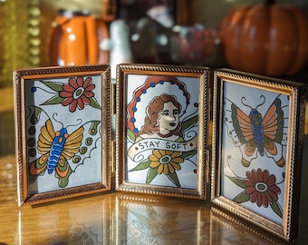 Lady & Butterfly "Stay Soft" Trio Watercolor Paintings - traditional flash inspired, thrifted frame, gift for her