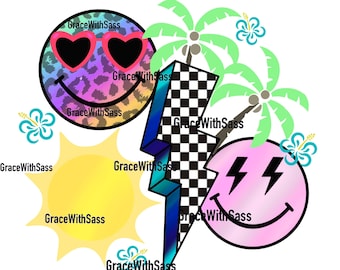 Smiley Face Collage png, retro smiley face, summer smiley, checkered smiley face, lightening bolt smiley, leopard smiley, Digital file