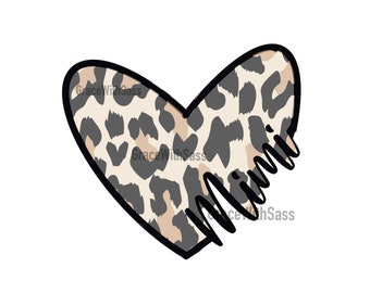 May include: A black outlined heart with a leopard print pattern. The heart is slightly torn on the right side with the text "Mimi" written in a black cursive font.