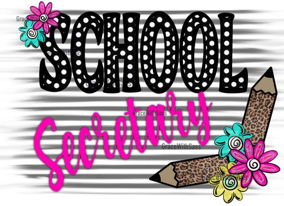 School Secretary, Secretary png, leopard png, cute pencils, polka dot stripes png, digital file, sublimation PNG, instant download