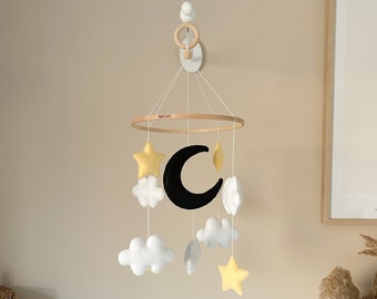 Baby mobile made of felt with moon, stars, and clouds, handmade, gift for birth, baby shower.