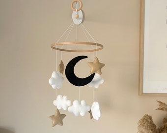 Baby mobile made of felt with moon, stars, and clouds, handmade, gift for birth, baby shower.