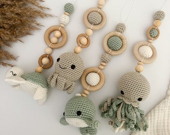 crocheted pendants for play arch/baby gym with turtle, jellyfish, octopus, whale in grey/mint, baby gift, wood, baby toy, baby shower