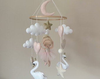 Baby mobile “Ballerina” in delicate pink and gold with swan, stars, clouds, felt hearts, perfect gift for baby shower, baptism, birth