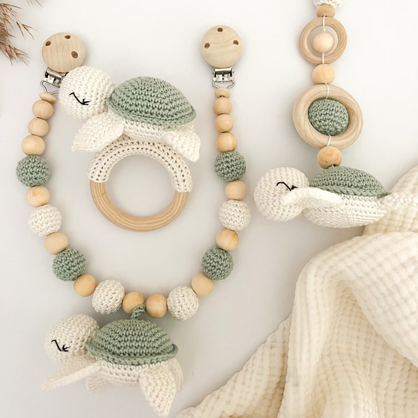 Set tortue en menthe avec chaîne de poussette, pendentif pour siège bébé, jouet à saisir l cadeau de naissance jouet bébé en bois cadeau bébé baby shower