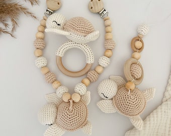 Set tortue beige avec chaîne de poussette, pendentif pour siège bébé, jouet à saisir l cadeau de naissance jouet bébé en bois cadeau bébé baby shower