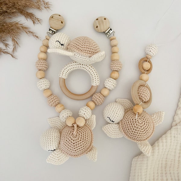 Set tortue beige avec chaîne de poussette, pendentif pour siège bébé, jouet à saisir l cadeau de naissance jouet bébé en bois cadeau bébé baby shower