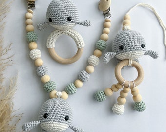 Whale set in gray mint with stroller chain, pendant for baby seat, grasping toy l birth gift baby toy wooden baby gift baby shower