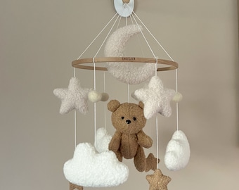 Baby mobile “Ted” made of boucle with teddy bear in neutral colors with moon, stars, clouds, handmade, gift for a birth, baby shower.