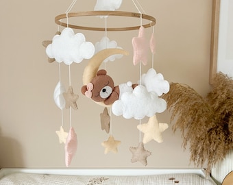 Baby mobile for crib with sleeping bear with pink bow, moon, pink stars, clouds, handmade, felt, beige, gift, baby shower.