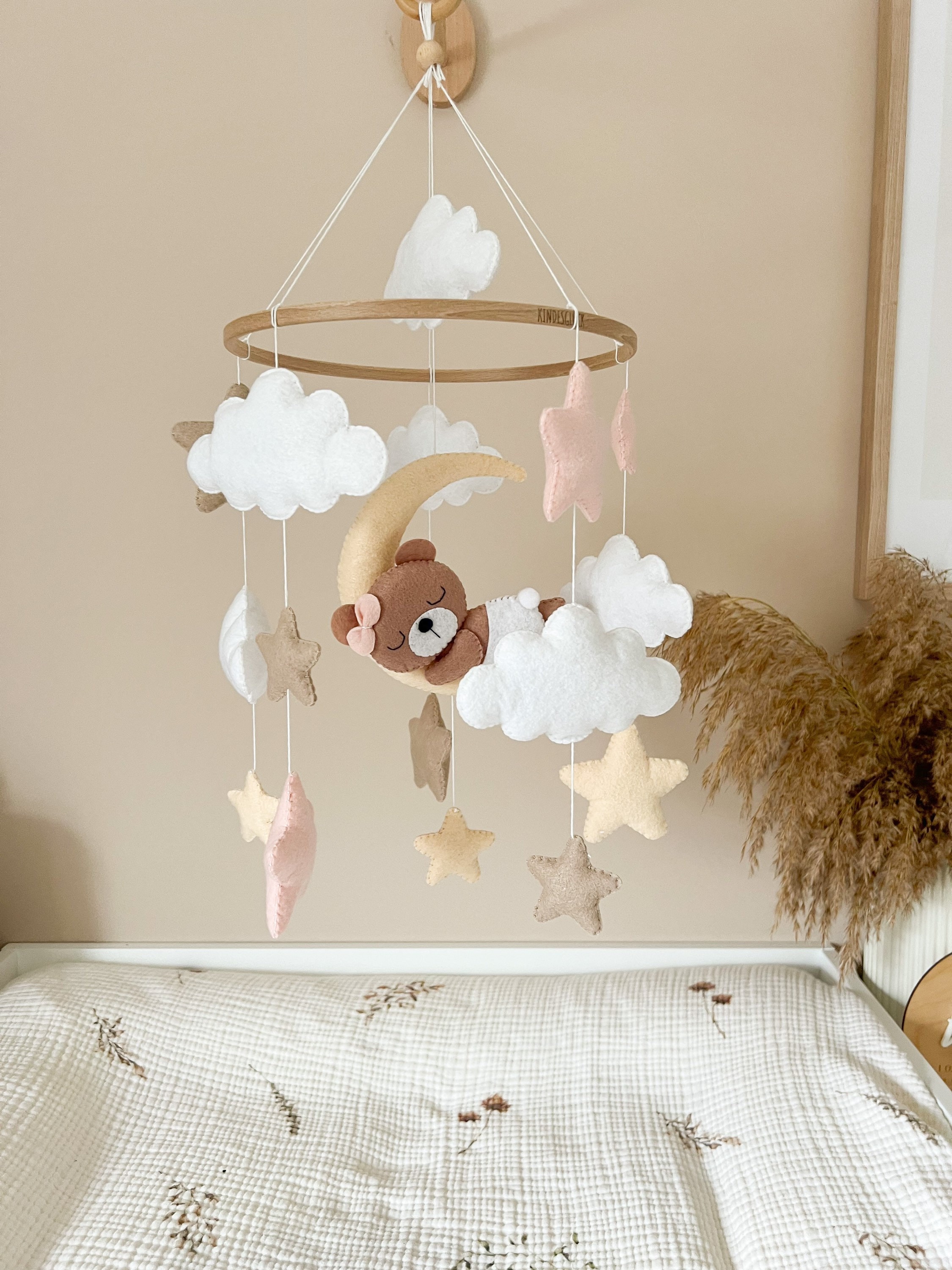 Baby mobile for the baby bed with sleeping bear with pink bow, moon, pink stars, clouds, handmade, felt, beige, gift, baby shower.
