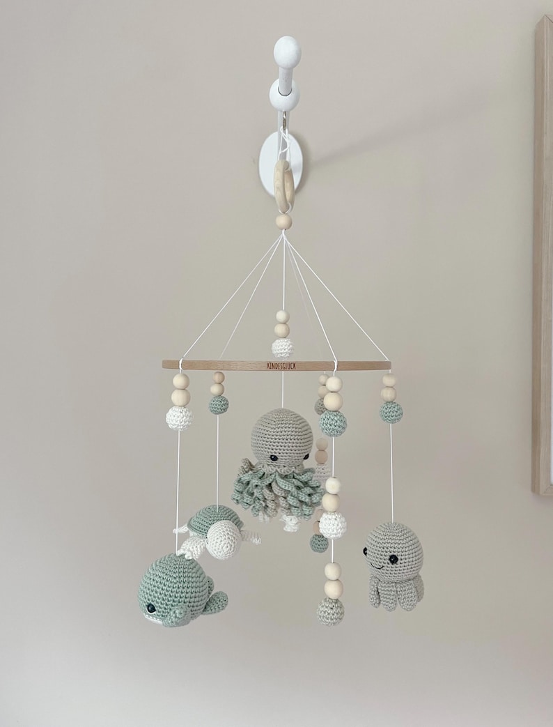 Crocheted Baby Mobile under the Sea in Pastel Green With Turtle