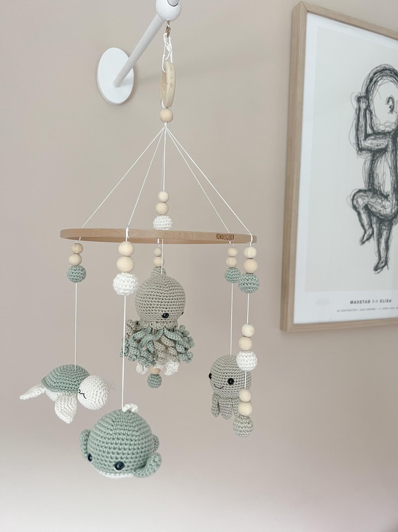 Crocheted Baby Mobile under the Sea in Pastel Green With Turtle