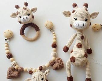 Giraffe set of stroller chain, soft toy, maxicosi chain, grasping toy, birth gift, baptism, mother's gift, baby shower