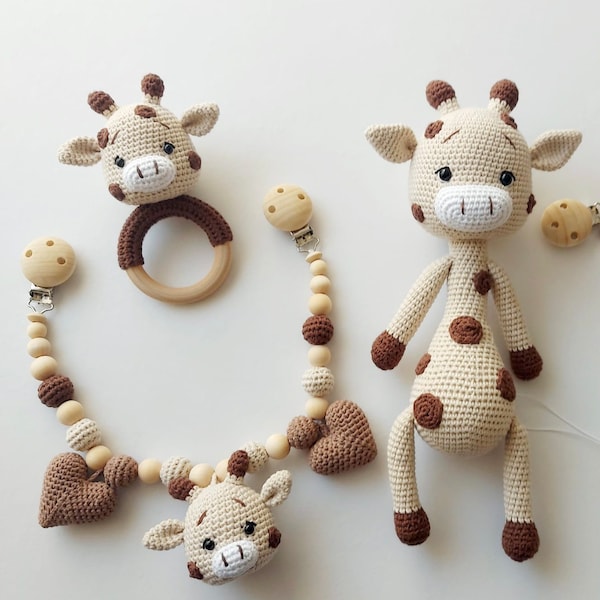 Giraffen-Set aus Kinderwagenkette Kuscheltier Maxicosikette Greifling Geburtsgeschenk Taufe Muttergeschenk Babyshower