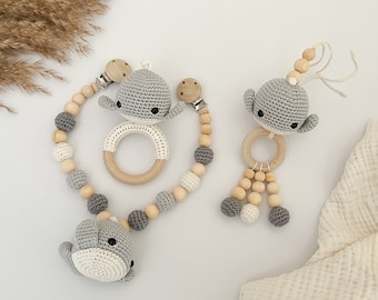 Whale set in gray with stroller chain, pendant for baby seat, grasping toy l birth gift baby toy wooden baby gift baby shower