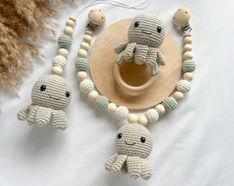 Octopus set in grey and mint with stroller chain, car seat pendant, teething ring | Baby gift, baby toy, baby shower present