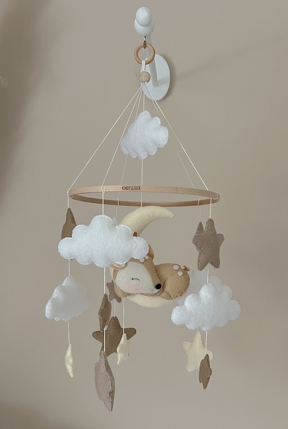 Mobile Babybett Mit 3D Br Mond Wolken Sterne & Glocke  Handgefertigtes  Bambus Filz Baby Mobile Neugeborene Geschenk