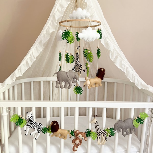 Baby Mobile Safari pour la guirlande de lit bébé, lion, girafe, zèbre, éléphant, singe, fait main en feutre, chambre bébé, baby shower, cadeau, bébé