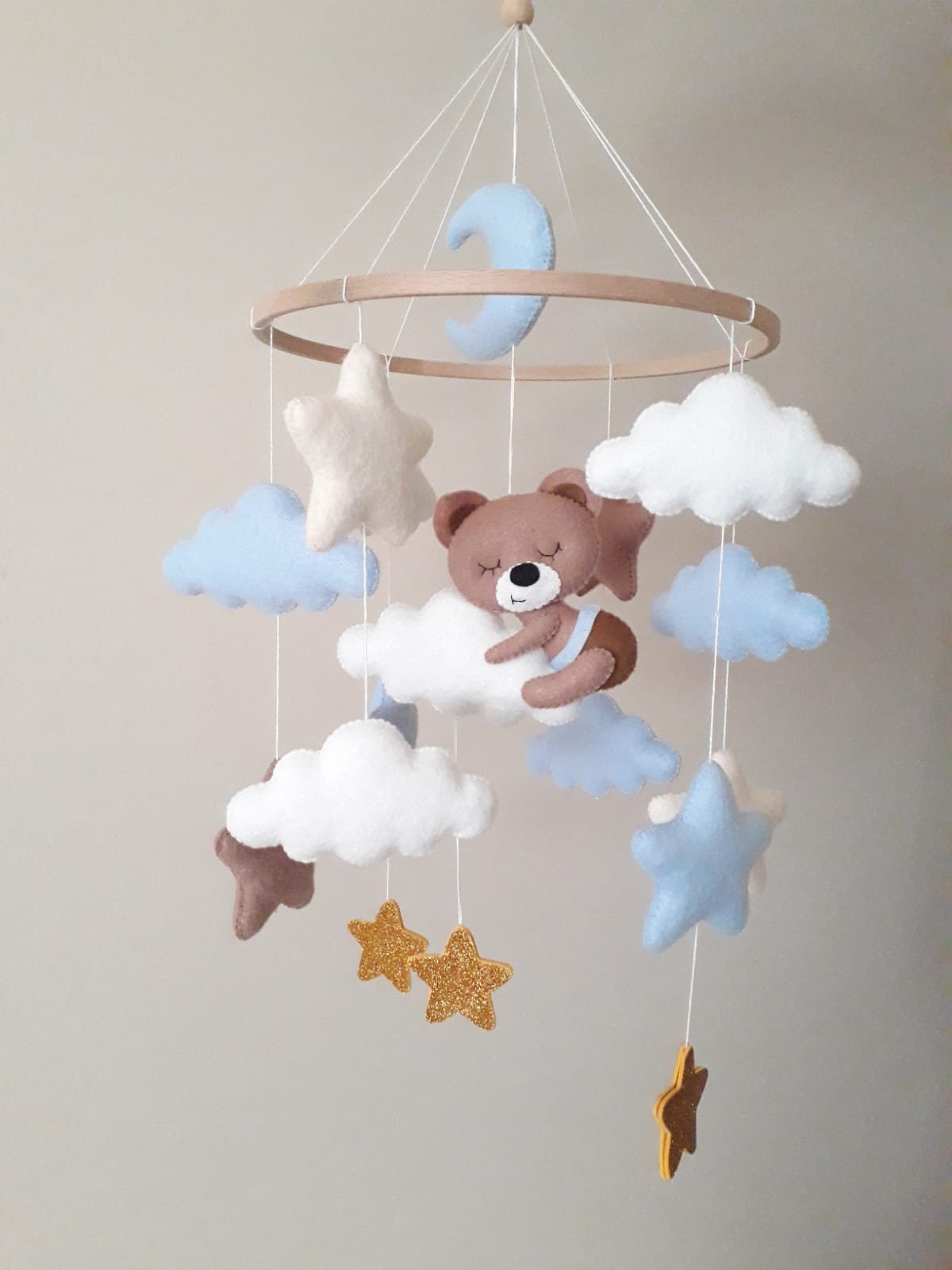 Baby Mobile With Sleeping Bear, Moon, Stars and Clouds, Handmade