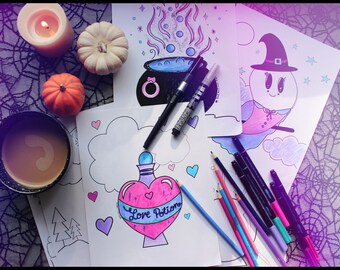 Witchy Coloring Pages - cooling sheets- coloring book- adult coloring- witches- coloring- coloring therapy