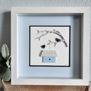 Winter Blue Birds and House - Pebble Art - Lapis Gemstones - Bird House