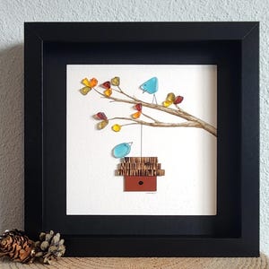 Birds In Autumn, Fall Foliage, Pebble Art, Sea Glass Art,  Birds and Birdhouse