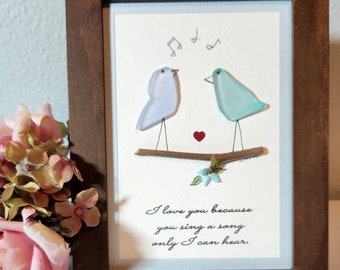 Valentine, Anniversary, Engagement, LOVE, Love Birds, Sea Glass Art, Boyfriend or Girlfriend Gift