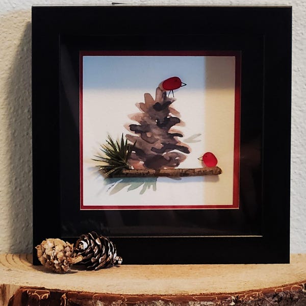 Winter Cardinals - Christmas Cardinals - Sea Glass Cardinals - Pine Cone and Sea Glass Cardinals