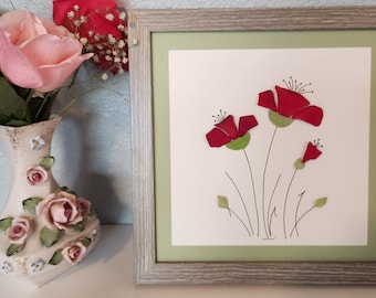 Poppy Flowers, Floral Art, Floral Sea Glass, Friend Gift, Mother's Day Gift, Gift for Someone Special