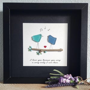 Valentine, Anniversary, Engagement, LOVE, Love Birds, Sea Glass Art, Boyfriend or Girlfriend Gift