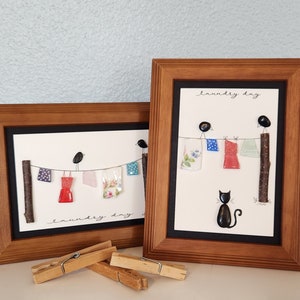 Laundry Day ~ Pebble Art ~ Cat Lover ~ Bird Lover ~ Clothesline Art