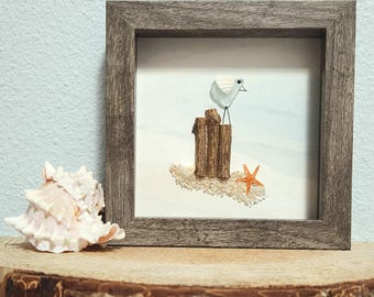 Shoreline Sea Glass ~ Bird and Sealife ~ Framed Beach and Nautical Themed Decor