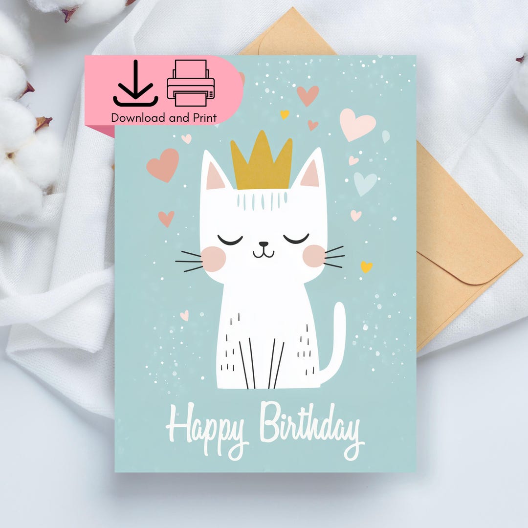 Printable Cat Birthday Card, Digital Download Birthday Card, Printable ...