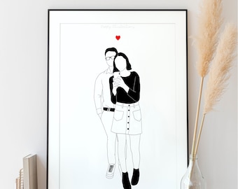 Illustration personnalisée noir & blanc : PDF, A5, A4, A3 (couple, famille, amis, cadeau, mariage, grossesse, animaux)