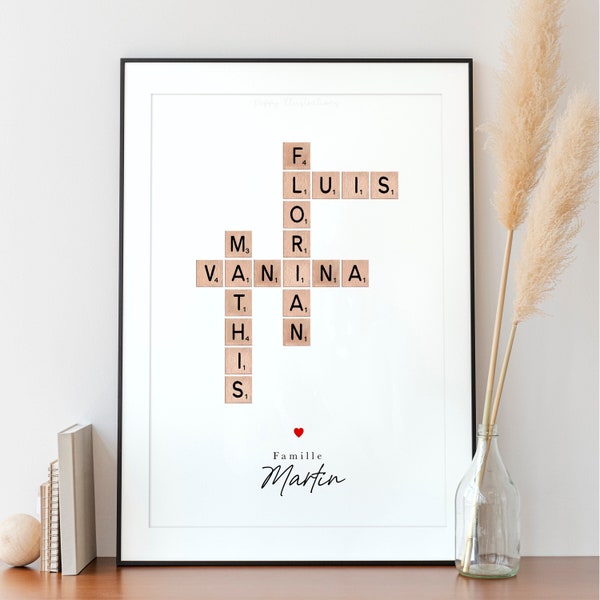 Illustration personnalisée lettres prénoms Scrabble / famille : PDF, A5, A4, A3 (couple, famille, amis, cadeau, mariage, grossesse)