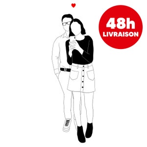 48H - Personalisierte Schwarz-Weiß-Illustration: PDF, A5, A4, A3 (Paar, Familie, Freunde, Geschenk, Hochzeit, Schwangerschaft, Tiere)
