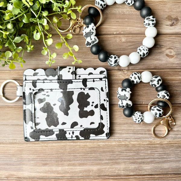 Fun Beaded Cow Print Wristlets, Coordinating Cow Wallet and Mini Cow Keychain - Vibrant Accessories for a Pop of Style and Color! Cow Print