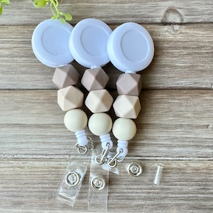 Neutral Beaded Retractable Badge Reel, Minimalist ID Holder, Elegant Badge Clip with Subtle Beads, Stylish Badge for Work and Events