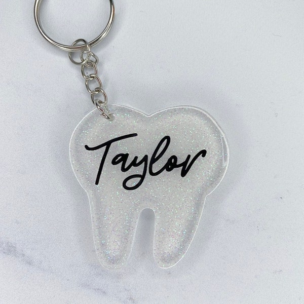 Glitter dental Llavero personalizado/ Nombre llavero dental/ Llavero de higiene dental/ Regalos de higiene dental/ Regalo personalizado